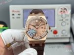 High Quality Replica AUDEMARS PIGUET Royal Oak Brown Leather Strap Rose Gold Grande Tasserie Grid Pattern Face Dial Rose Gold Stainless Steel Diamond Inlaid Case Watch 33mm